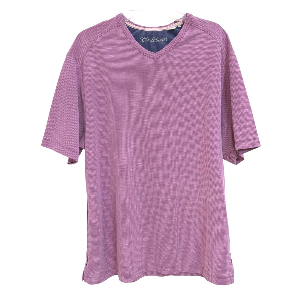 Caribbean Mens Purple Heathered V-Neck Short Sleeve Modal Blend Shirt Large